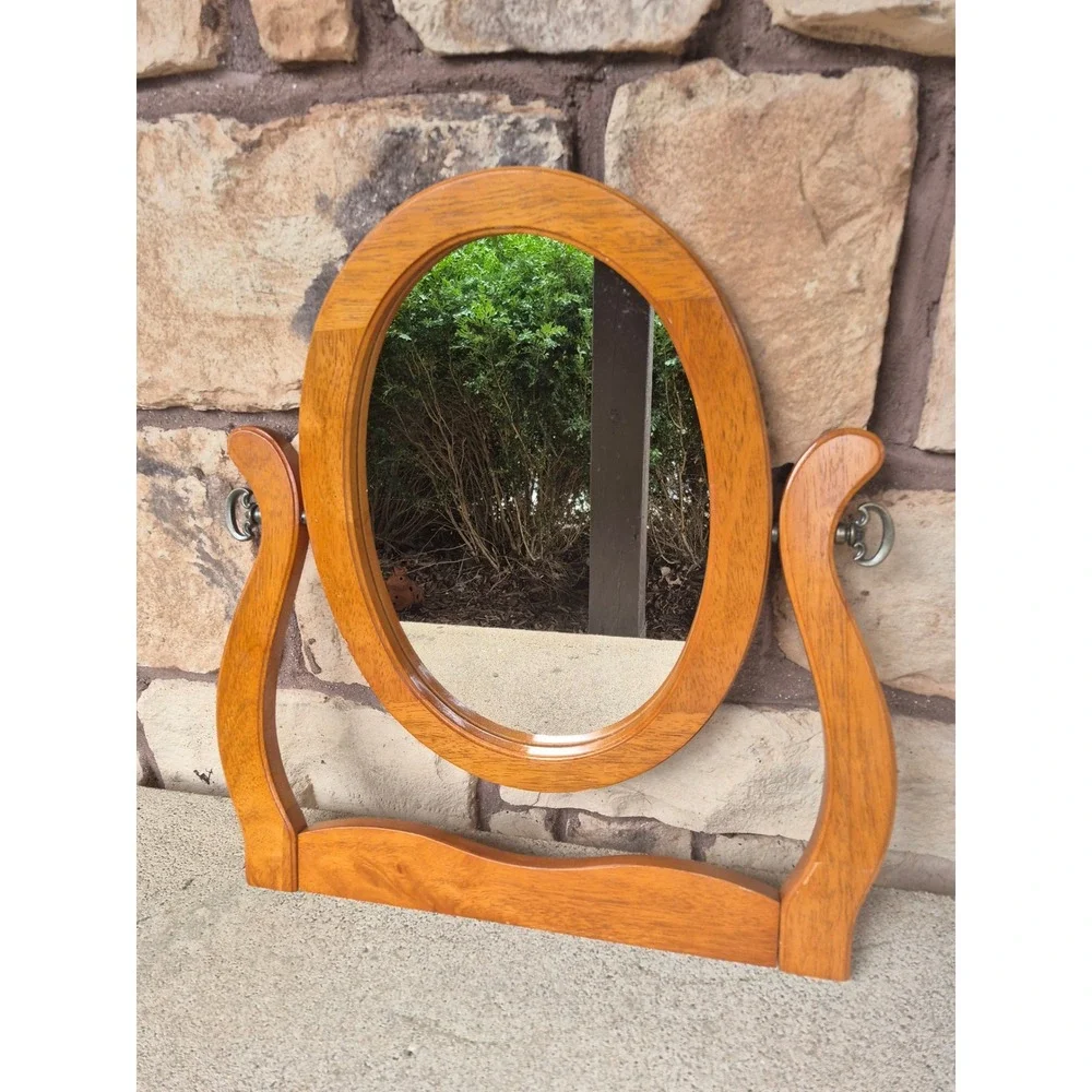 Vintage Oval Wood Vanity Mirror Tilt Adjustable Dresser Farmhouse Decor